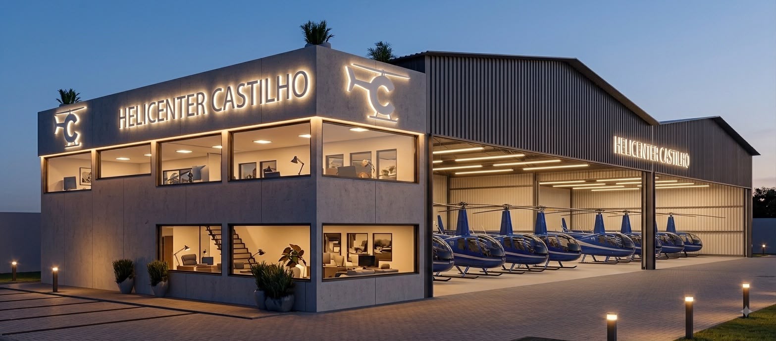 Prédio do Helicenter Castilho e hangar com helicópteros ao entardecer